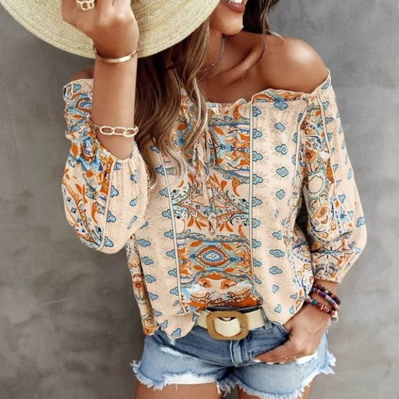 Boho Floral Print Off Shoulder Blouse Multi Color Tan - Picture 3 of 4